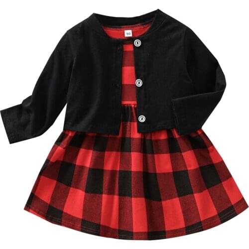 2Pcs Kids Autumn Outfit, Plaid O-Neck Long Sleeves Loose Dress + Buttons Cardigan For Girls 2021 New Fashion