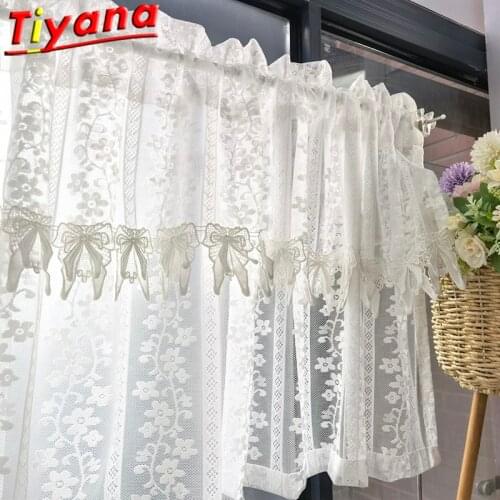 Double-deck White Bow Lace Short Curtain for Window Tassel Sheer Volie Half Curtain Roman Blind #VT