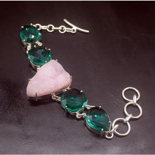 Natural Fashion Druzy GreenTopaz Silver Color Charms Links Bracelets For Women 7.75 inch HD714
