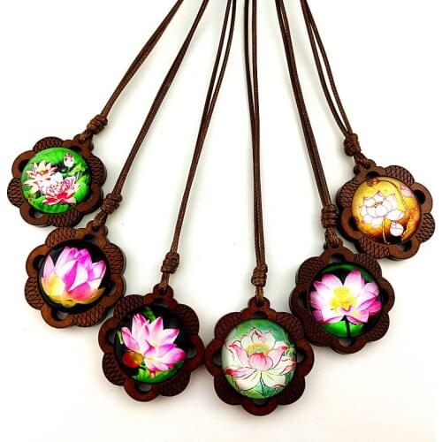 Jaingzimei 24pcs New Design Wood Necklaces lotus glass Cabochon with wood Pendant summer style Wome Necklaces for party gift