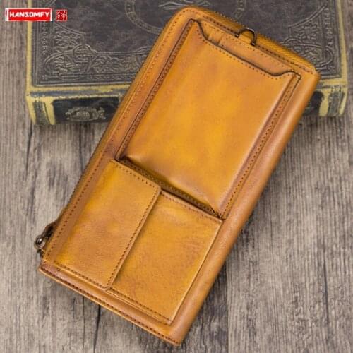 Retro Leather Mens Wallet Card Holder Wallet Long Zipper Brand Large Capacity Purse Phone Clutch Bag First Layer Leather Male