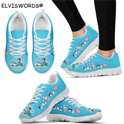 ELVISWORDS White Dentist Pattern Non-slip Womens Lace-up Sneaker Flats Comfortable Air Mesh Sneakers for Lady zapaotos de mujer