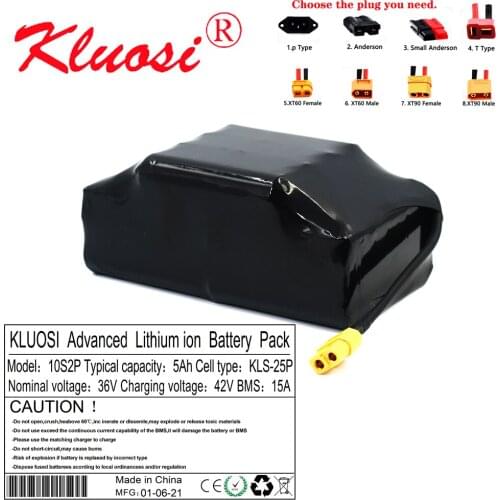 KLUOSI 10S2P 36V 5Ah 42V 18650 Lithium Battery Pack for Balance Twist Car Capacity Wheelbarrow Balancing Scooter with 15A BMS