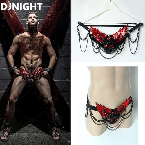 Drag Queen Costumes Diamond Sequin Men Dancer Stage Show Celebrity Runway Burning Man Outfit Black and Red Wings Briefs XS2488