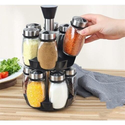 Seasoning Jars Set Salt Shakers Holder Glass Stainless Steel Rotating Pepper Sprays Bottles Kitchen Storage Rack Organizer