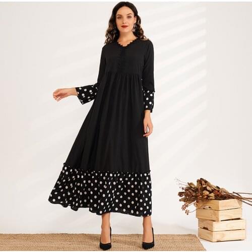 New Product Ladies Fashion Holiday Style V-neck Long-sleeved Polka-dot Lace Stitching Long Sweet Big A-line Black Women Dress
