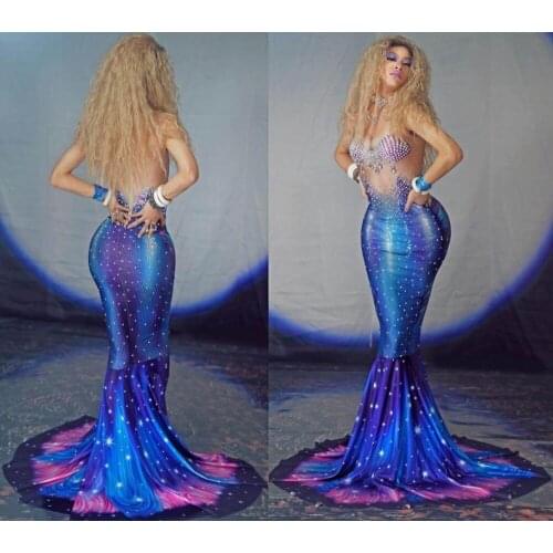 Gold Pearl Crystal Fishtail Dress Bar Party Mermaid Role Performance One Piece Dress Cosplay Costume Nightclub Singer Stage Wear