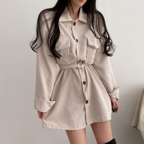 Casual Autumn Solid Long Sleeve Lapel Single-breasted Corduroy Shirt Dress Women Mini Belt Waist Vestidos Mujer Loose Vintage