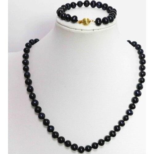 Retro Fashion Natural Black Freshwater Cultured Necklace Bracelet 8-9mm Round Beads High Grade Women Jewelry Set 18inch B1459