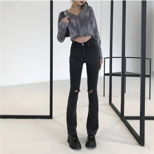 Ruibbit Black Long Jeans Women Basic Classic High Waist Hot Girls Flared Jeans Hole Denim Pants Elastic Stretch Jeans