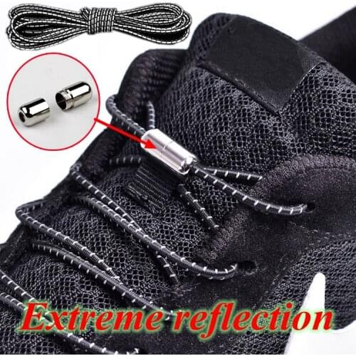1Pair New Reflective Elastic Shoelaces Metal Tip Shoelace Round No Tie Shoelaces Convenient Quick Lock Laces Unisex Shoe Laces