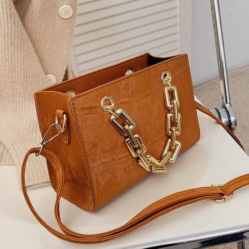 Thick Chain Square Tote Bags 2021 Summer Fashion Quality PU Leather Women Designer Handbag Stone Pattern Shoulder Messenger Bag