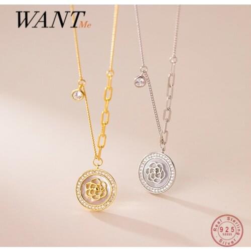 WANTME Real 925 Sterling Silver Trend Round Flower Brand Cuban Link Chain Pendant Necklace for Women Korean Temperament Jewelry