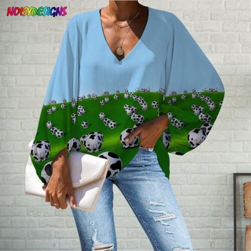 WHEREISART Women Chiffon Blouse Long Sleeve Creativity Cows Pattern Clothing Ladies Trendy Plus Size Women V-neck Chiffon Blouse