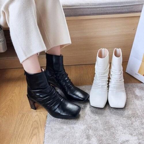 Strange Style Heel Leather Women Ankle Boots Luxury Design Pleated Zip Female Shoes Spring Fall Runway Square Toe Women Boots
