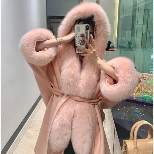 2020 new hooded cardigan with fur real sheep wool blends coat natural fox fur collar trim women autumn coats cashmere fur shawl