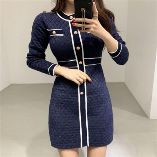 2020 Autumn Winter Small Fragrance Knitting Dress Women Hit color Single-breasted O-neck Long Sleeve Sweater Dress