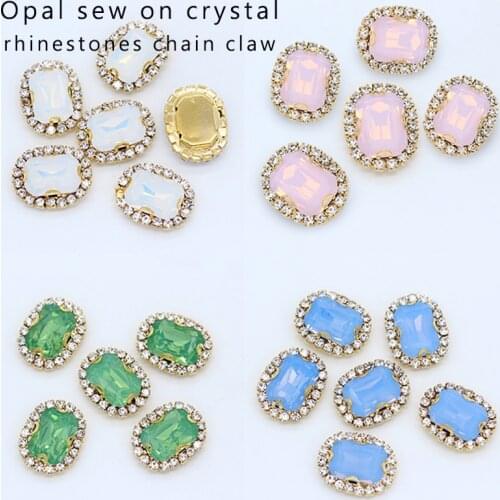 12p 10x14mm 13x18mm Rectangle opal Costume Dress Flatback Diamante sew on crystal Glass Gold claw rhinestones jewels Trim beads