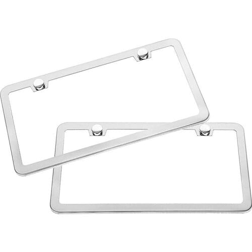 2 PCS Stainless Steel Polish Mirror License Plate Frame + Chrome Screw Caps (Silver)