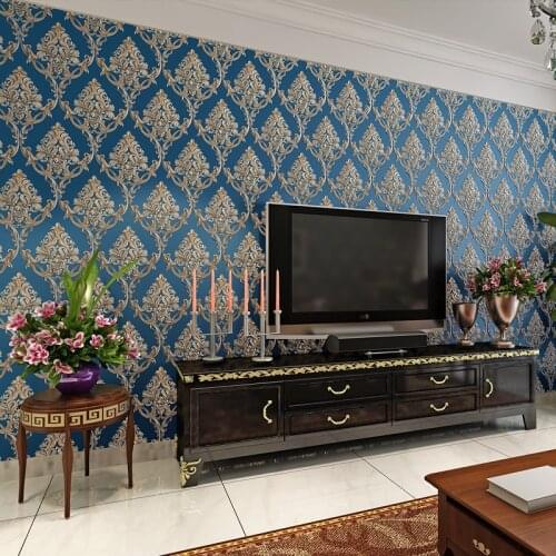 3D Simulation Stereo Damascus Wallpaper Bedroom Living Room TV Background Flower Fine Embossed Treasure Blue Stickers Home Decor