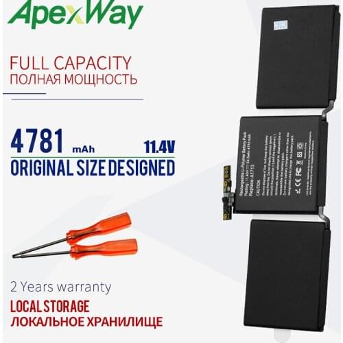 ApexWay 11.4V Laptop Battery A1713 For Apple A1708 Pro 13 2016 year MLL42CH/A, MLUQ2CH/A 020-00946 4781mAh Screwdriver Batteria