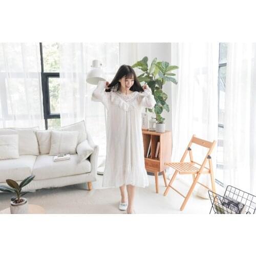Free Shipping 2017 New Autumn Womens Long White Pijamas Home Cloth Nightshirt Lace Sleepwear 100% Cotton Nightgown