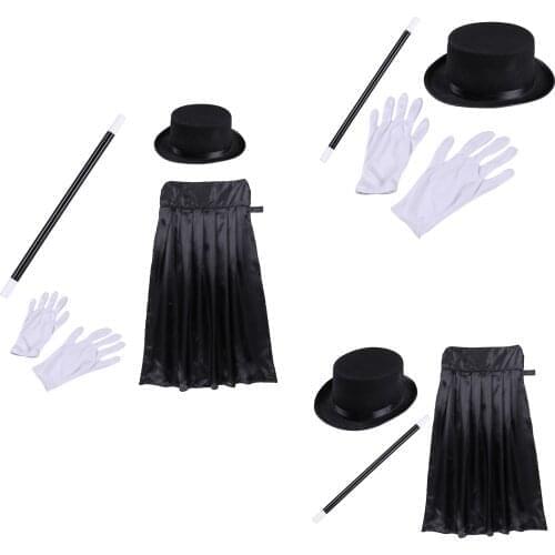 Kids Boys Girls Magician Costume Role Play Halloween Carnival Party Magician Dress Up Top Hat Cape Magic Wand and White Gloves