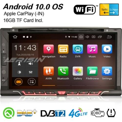 Erisin 5137 Android 10.0 Universal Car Stereo CarPlay GPS WiFi Bluetooth TPMS DVB-T2 DAB+ Radio OBD2 DVR USB SD CD DVD 2Din Navi