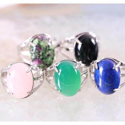 1Pcs Ring Jewelry For Women Gift Natural Stone Oval Cabochon Bead Crystal Opal Lapis Onyx Adjustable Finger Ring