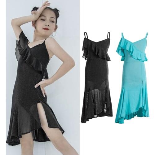 Latin Dance Costume Ruffled Suspender Dress Mesh Summer Girls Latin Practice Dance Dress Samba Rumba Performance Clothing BL6378