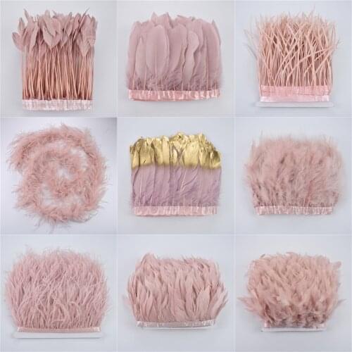 2Meters Leather Pink Pheasant Feathers Trim Boa Turkey Goose Ostrich Feather on Tape Ribbon Fringe Goose Marabou Crafts Plumes