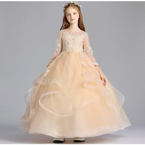 Flower Girl Dress O-Neck Three Quarter Princess Lace Appliques Embroidery Ruched Floor-Length Tulle Luxury Kids Party Gown H138