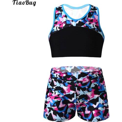 TiaoBug Summer 2Pcs Kid Girls Sport Yoga Swimsuit Round Neck Sleeveless Racer Back Cropped Top And Shorts Set Tracksuit Swimwear