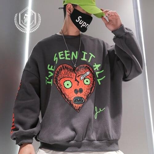 Men Fashion Loose Print Fleece Heavyweight Casual Pullover Hip Hop Sweatshirts