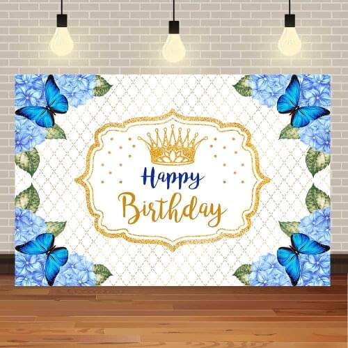 Seekpro Happy Birthday Colourful Butterfly Blue Watercolor Flower Baby Shower Crown Princess DIY Backdrop Photography Background