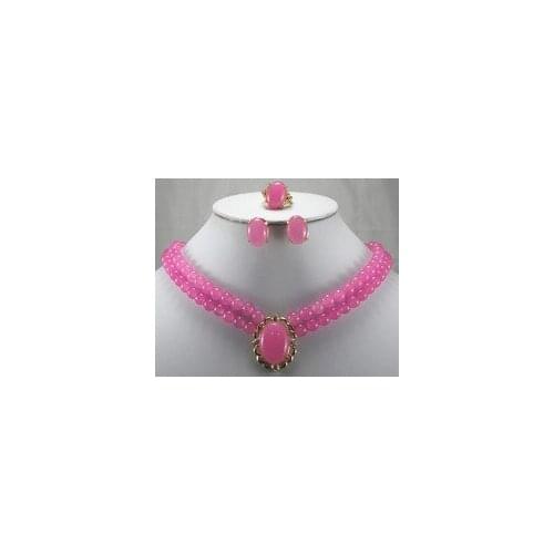 Nobility Woman natural double line 8 mm pink gem necklace pendant earrings ring Gradjewelry