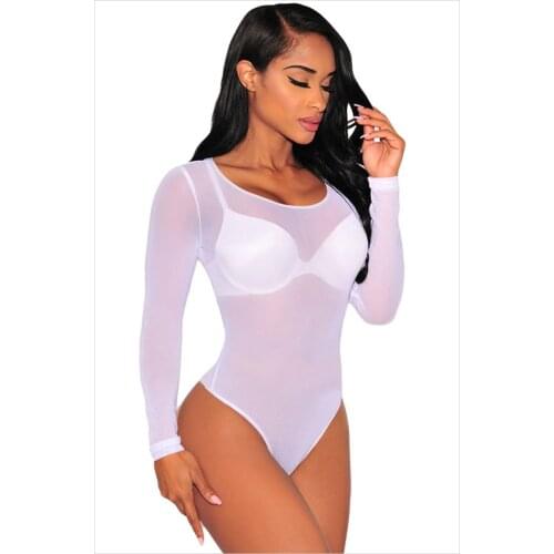 New Sexy Women Long Seeve See Through High Cut Bodysuit Thong Swimsuit Mesh Transparent Underwear Night Wear 5 Colors FX1029