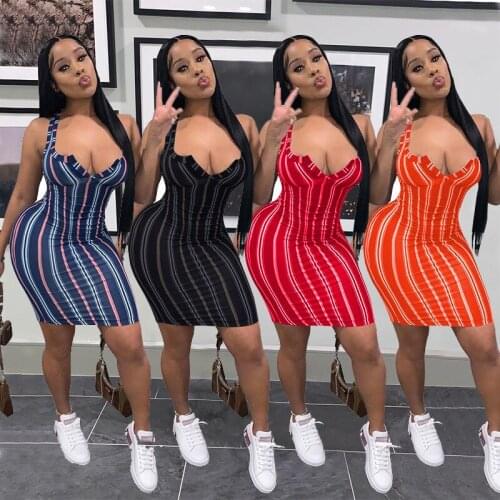 Echoine Striped Print V-neck Strap Mini Dress Sexy Skinny Summer Bodycon Dresses Sleeveless Fitness Party Club Vintage Vestidos
