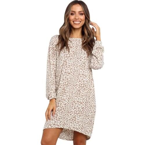 QRWR 2020 Autumn O Neck Casual Dresses Women Fashion A Line Leopard Long Sleeve Dress Loose Office Mini Women Dress