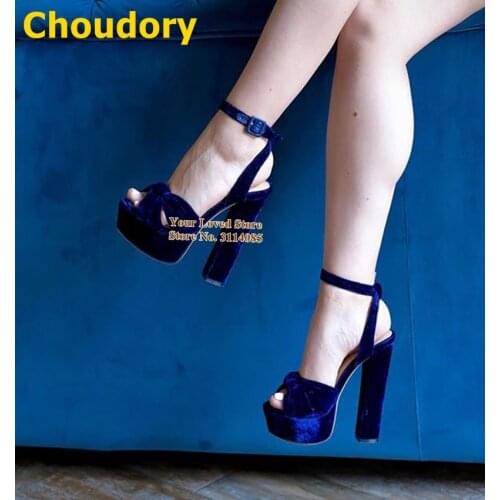 Choudory Royal Blue Velvet Chunky Heels Platform Butterfly-knot Gladiator Sandals Buckle Strap Luxury Banquet Shoes Plus Size47