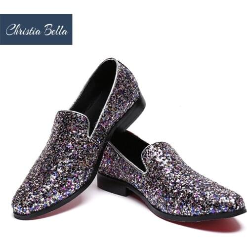 Christia Bella Silver Glistening Glitter Men Loafers Fashion Sequins Slippers Shoes Mens Dress Shoes Flats Genuine Leather Shoes