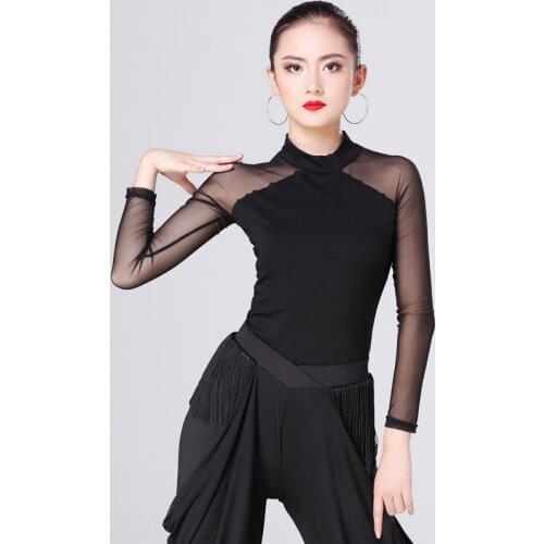 Latin Dance Top Black Net Yarn Long Sleeve Shirts Women Samba Cha Cha Rumba Dancing Clothing Latin Practice Wear Ladies DNV11156