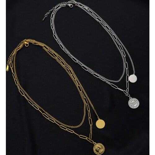 Vintage Multi-layer Coin Queen Choker Necklace For Women Stainless Steel Clavicle Chain Metal Thick Chain Necklace Drop Shipping