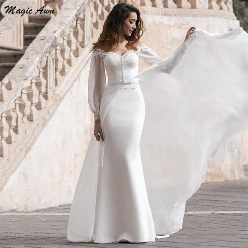 Magic Awn Chic Bohemian Mermaid Wedding Dresses Long Sleeves Sweetheart Lace Appliques Chiffon Coat Beach Mariage Gowns 2021