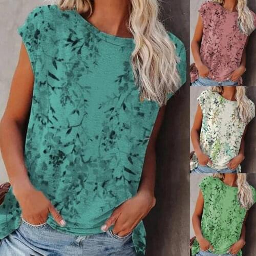 2021 Fashion New Women Summer Printed Short Sleeve T-shirt Vintage Floral Sleeveless Tops Casual Loose Plus Size Lady Round Neck