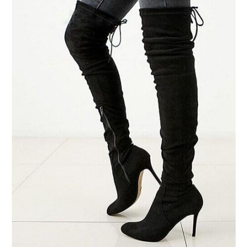 Hot selling over the knee high heel suede women boots high quality lace-up stiletto heel boots strappy shoes woman free shi