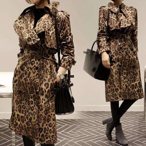 Slim Long Trench Coat Femme Korean Style Spring Autumn Leopard Print Coat Office Ladies New Fashion Windbreaker Streetwear f2554