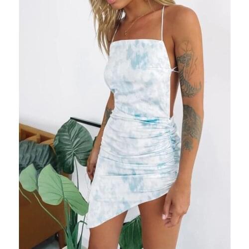 Women Tie-dye print mini dress sexy backless lace up bandage y2k sky blue spahetti strap sleeveless irregular summer dresses