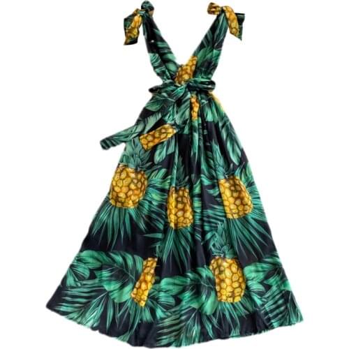 New Summer Women Sexy V-Neck Sleeveless Sashes Slim Long Dress Sweet Pineapple Print Big Hem Beach Vacation Dress