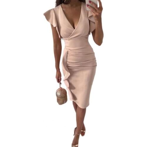 Women Sexy Dress Ruffle Sleeve Slim V Neck Cross Collar Dress for Banquet Beige/ black/ red/ blue